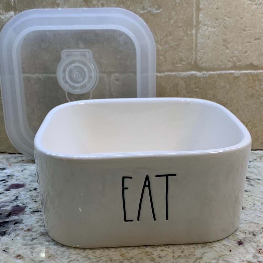 Rae Dunn EAT Ceramic Food Storage Container With Vented Plastic Lid
